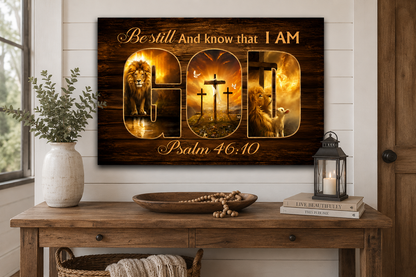 Be Still and Know That I Am God Canvas Wall Art – Psalm 46:10 Christian Lion Cross Decor