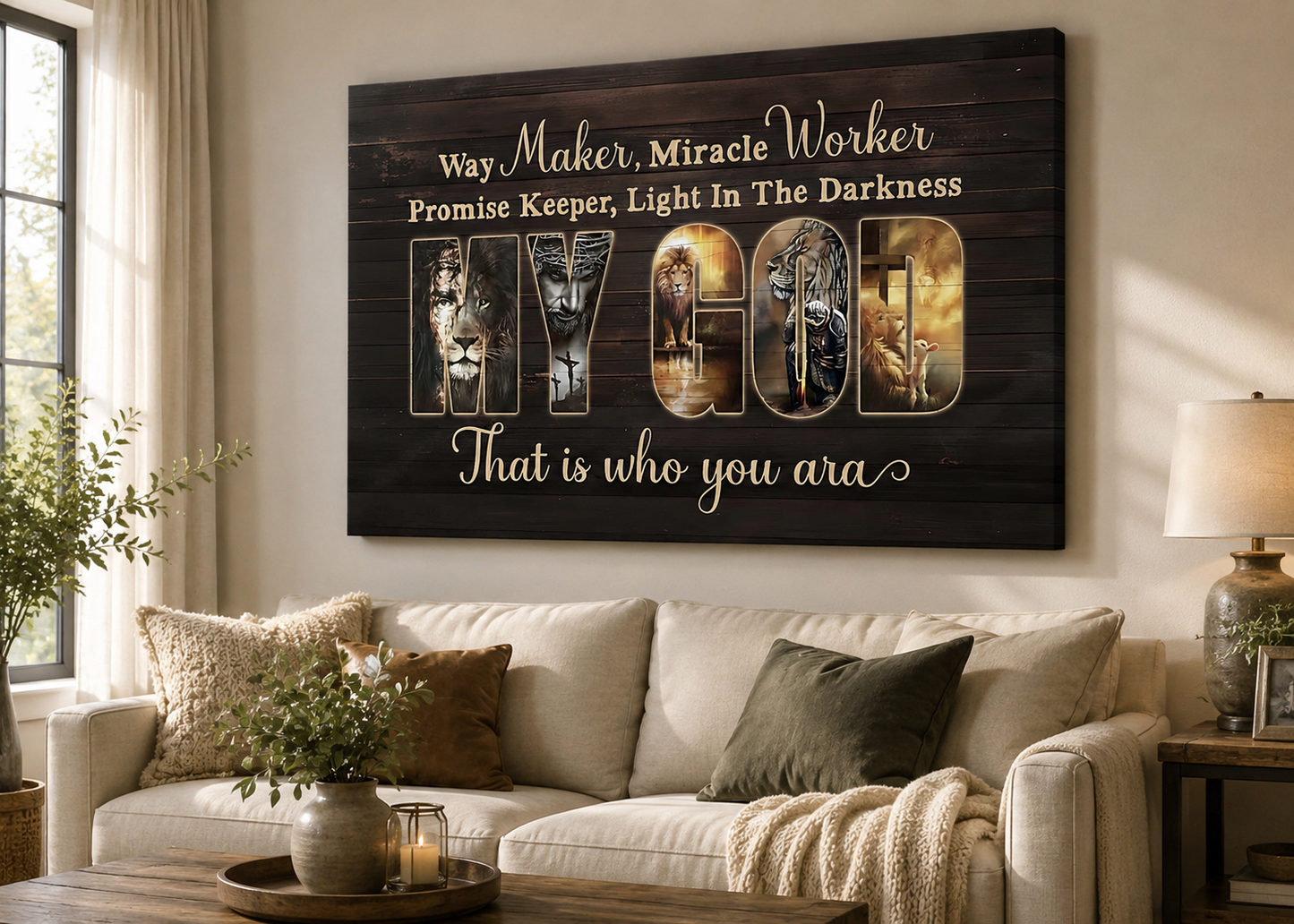 Way Maker Miracle Worker My God Christian Canvas Wall Art | Promise Keeper Light In The Darkness | Lion of Judah Religious Home Decor