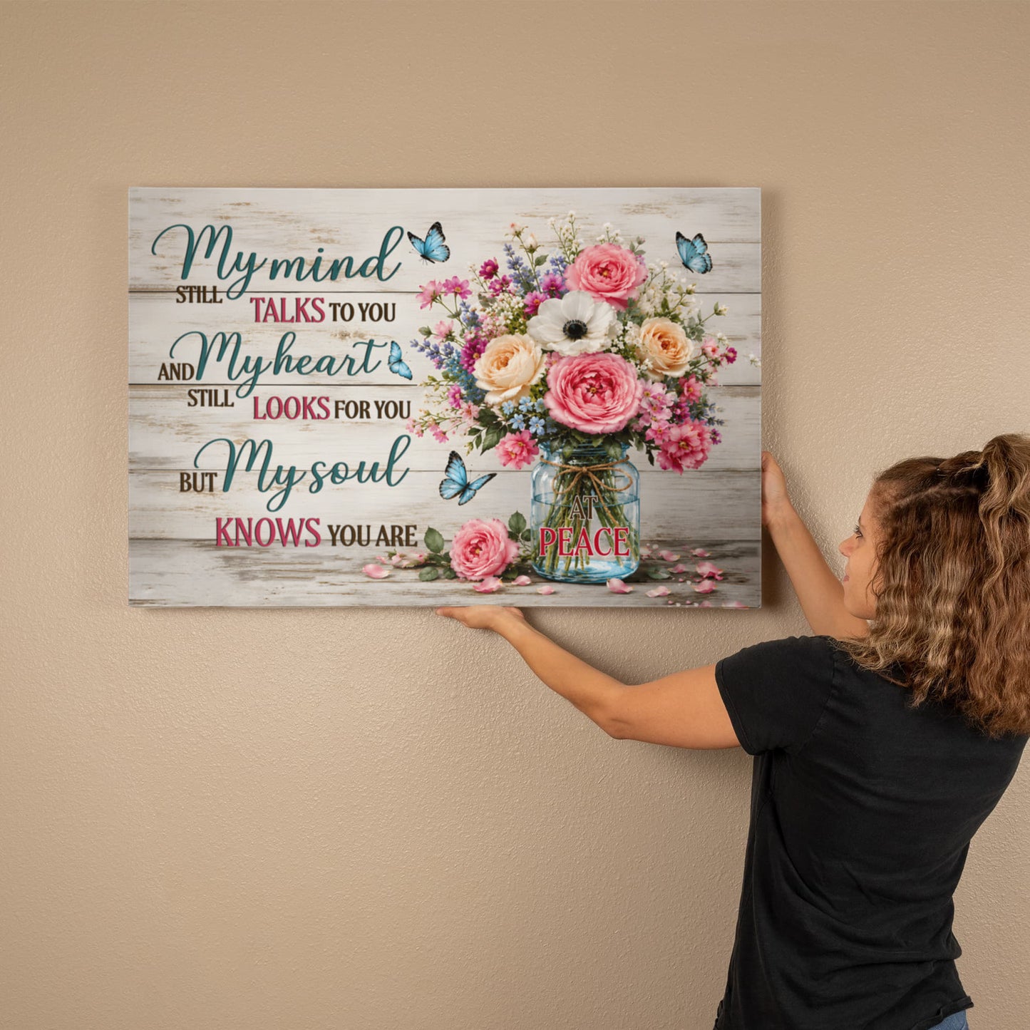 My Mind Still Talks to You Canvas Wall Art – Sympathy Memorial Gift with Flowers and Butterfly