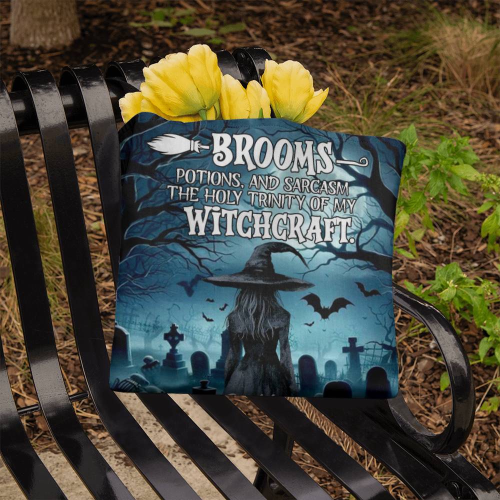 Brooms, Potions & Sarcasm: The Holy Trinity of My Witchcraft” Gothic Halloween Tote Bag !