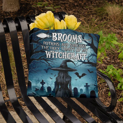 Brooms, Potions & Sarcasm: The Holy Trinity of My Witchcraft” Gothic Halloween Tote Bag !