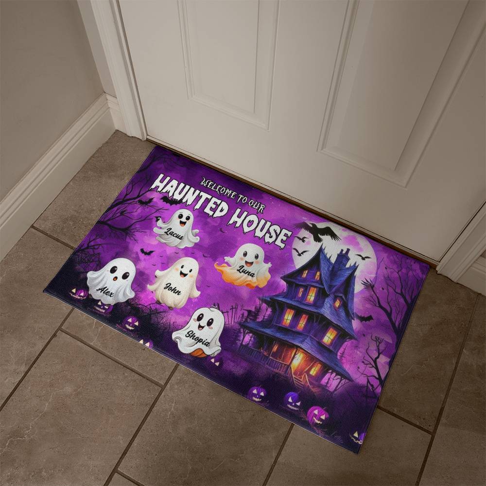 Personalized Halloween Doormat, Custom Haunted House Welcome Mat with Family Names, Ghost Design Front Porch Decor for Families