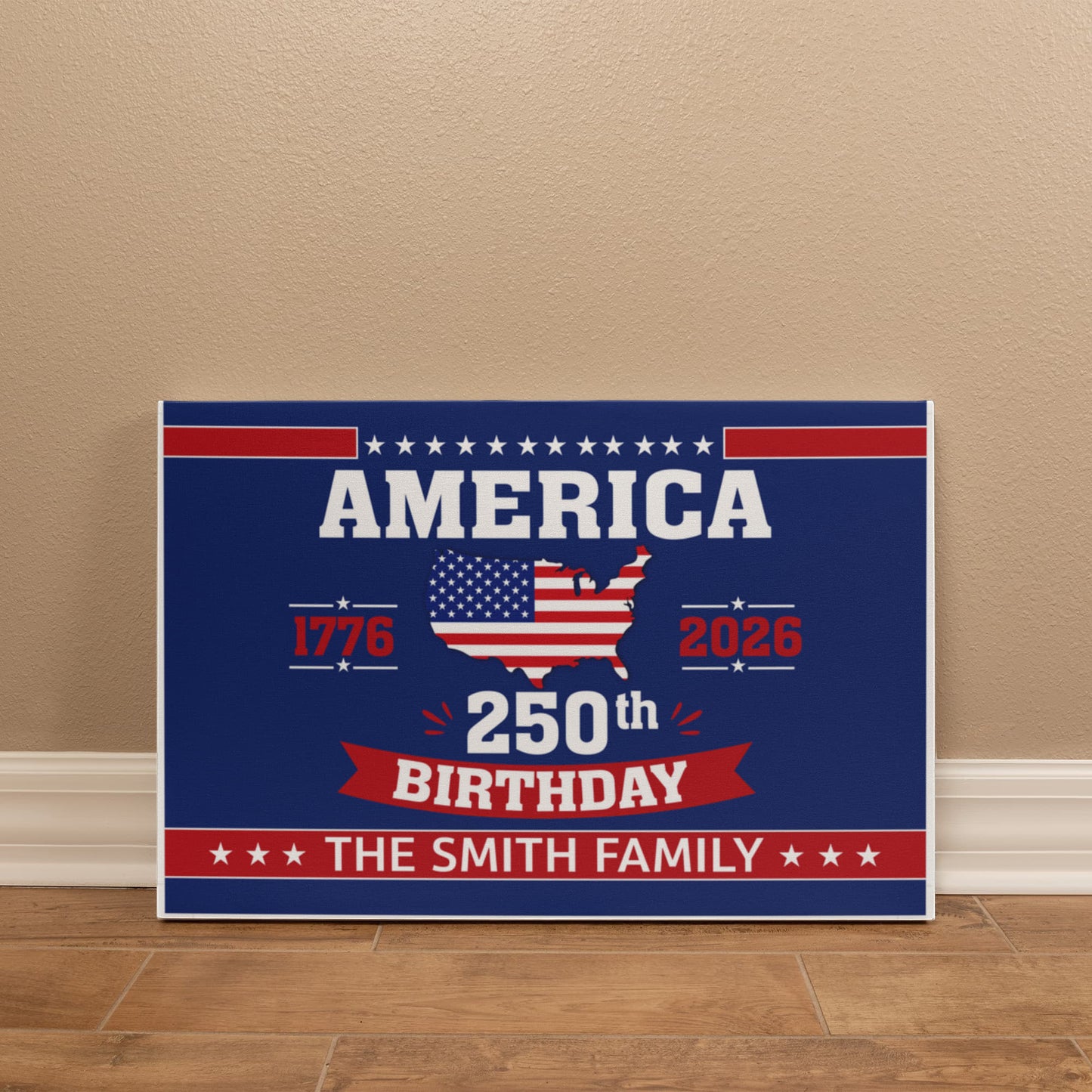 Personalized America 250th Birthday Gallery Wrapped Canvas – Custom Family Name Patriotic Wall Art