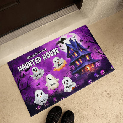 custom halloween welcome mat with haunted house and bats