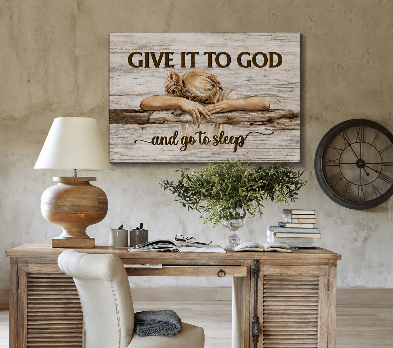 Give It to God and Go to Sleep Canvas Wall Art – Christian Faith Inspirational Farmhouse Decor