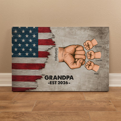 Personalized Grandpa Fist Bump Canvas – Custom Grandkids Names Patriotic Family Wall Art for Grandpa
