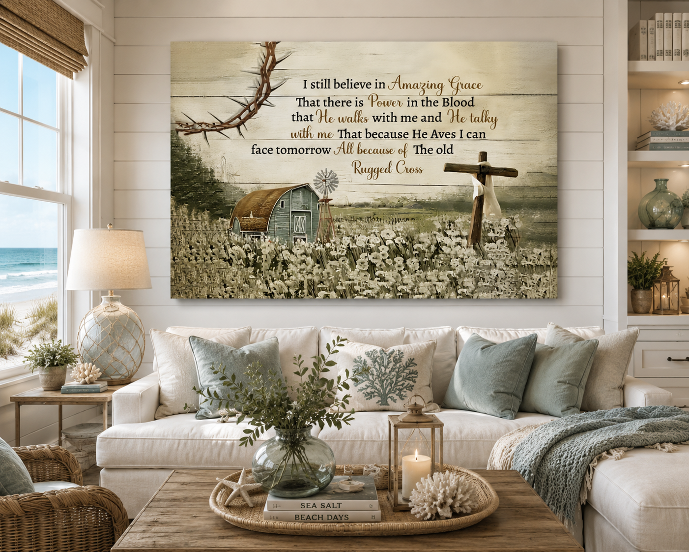 I Still Believe in Amazing Grace Christian Canvas Wall Art | Because He Lives I Can Face Tomorrow | Rustic Farmhouse Religious Decor