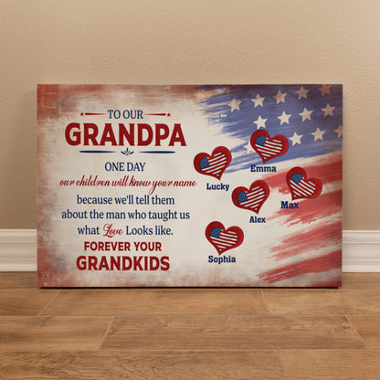 Personalized To Our Grandpa Canvas – Custom Grandkids Names Patriotic Family Wall Art
