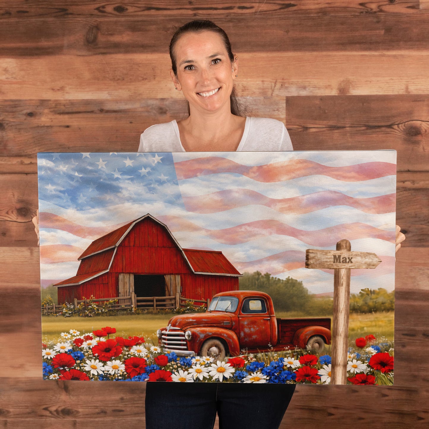 Personalized Patriotic Grandpa Canvas – Custom Grandkids Names Farmhouse American Flag Wall Art