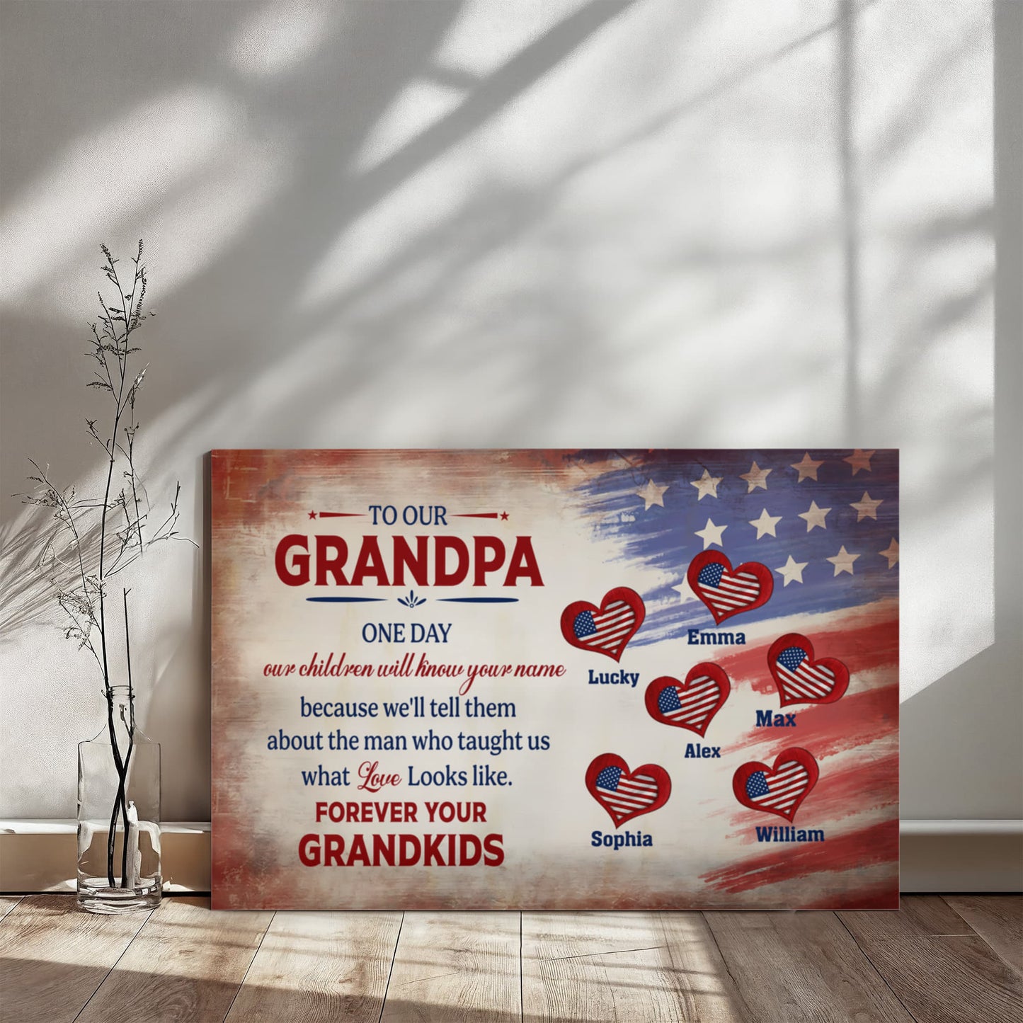 Personalized To Our Grandpa Canvas – Custom Grandkids Names Patriotic Family Wall Art