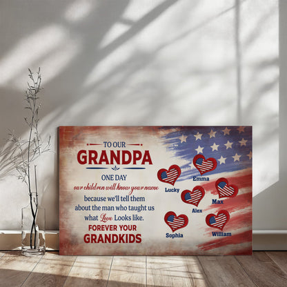 Personalized To Our Grandpa Canvas – Custom Grandkids Names Patriotic Family Wall Art