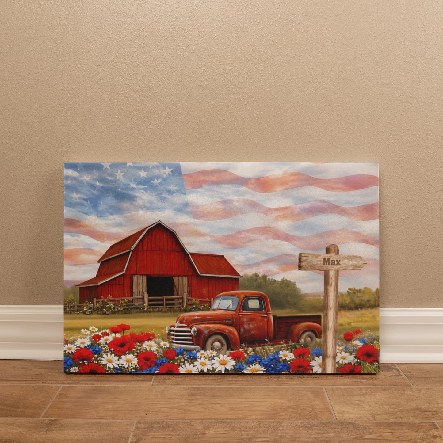 Personalized Patriotic Grandpa Canvas – Custom Grandkids Names Farmhouse American Flag Wall Art