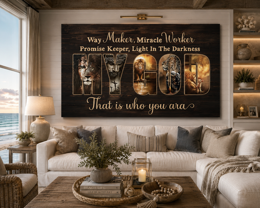 Way Maker Miracle Worker My God Christian Canvas Wall Art | Promise Keeper Light In The Darkness | Lion of Judah Religious Home Decor