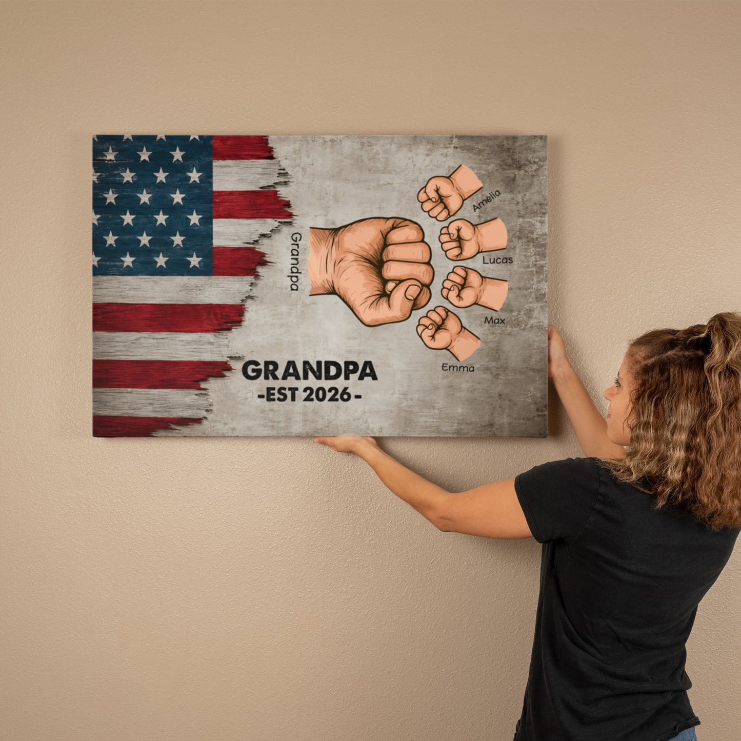 Personalized Grandpa Fist Bump Canvas – Custom Grandkids Names Patriotic Family Wall Art for Grandpa