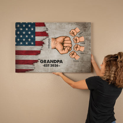 Personalized Grandpa Fist Bump Canvas – Custom Grandkids Names Patriotic Family Wall Art for Grandpa