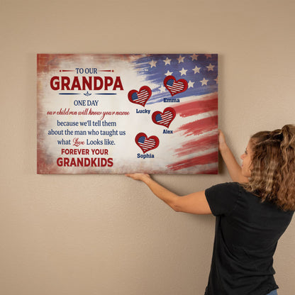 Personalized To Our Grandpa Canvas – Custom Grandkids Names Patriotic Family Wall Art