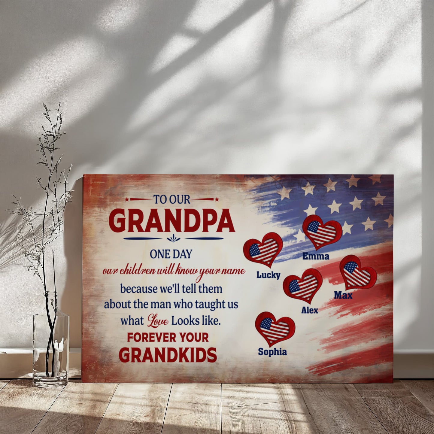 Personalized To Our Grandpa Canvas – Custom Grandkids Names Patriotic Family Wall Art