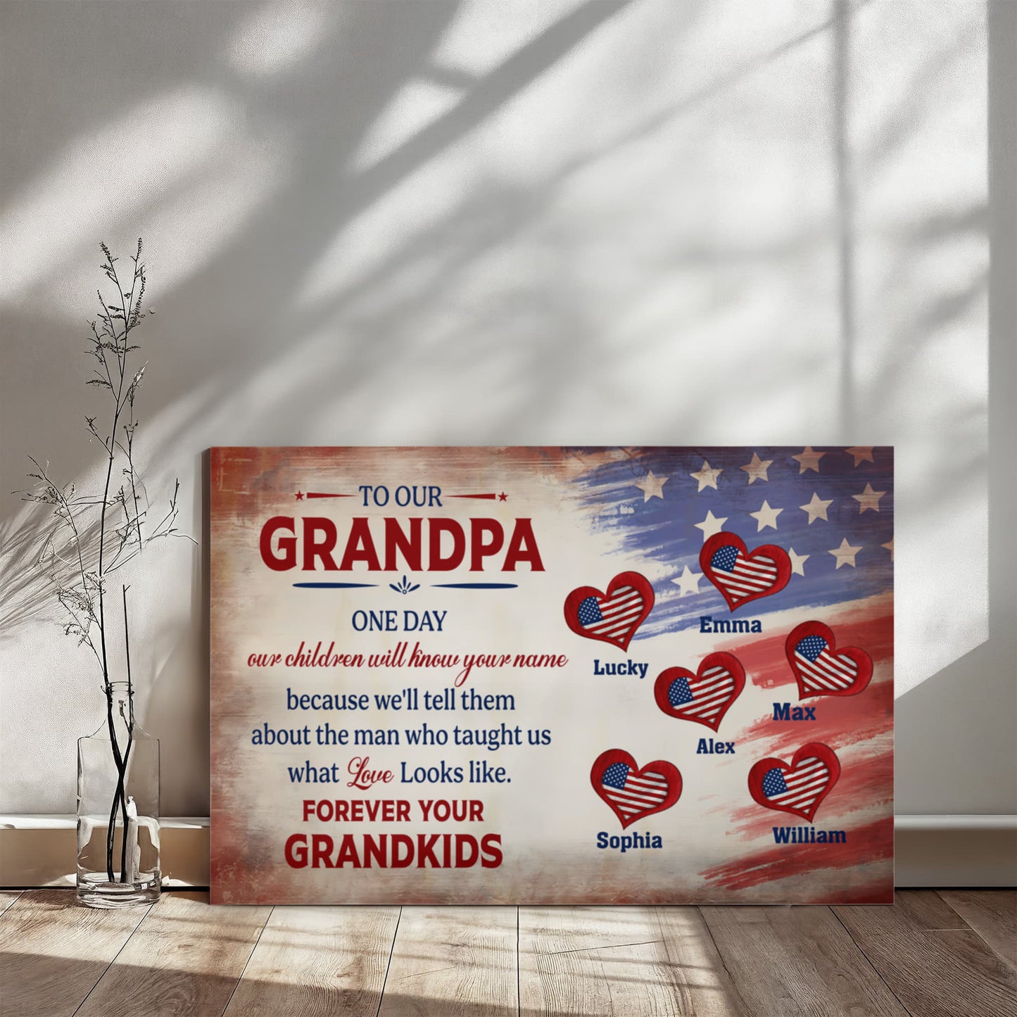Personalized To Our Grandpa Canvas – Custom Grandkids Names Patriotic Family Wall Art