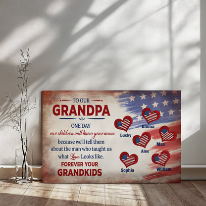 Personalized To Our Grandpa Canvas – Custom Grandkids Names Patriotic Family Wall Art