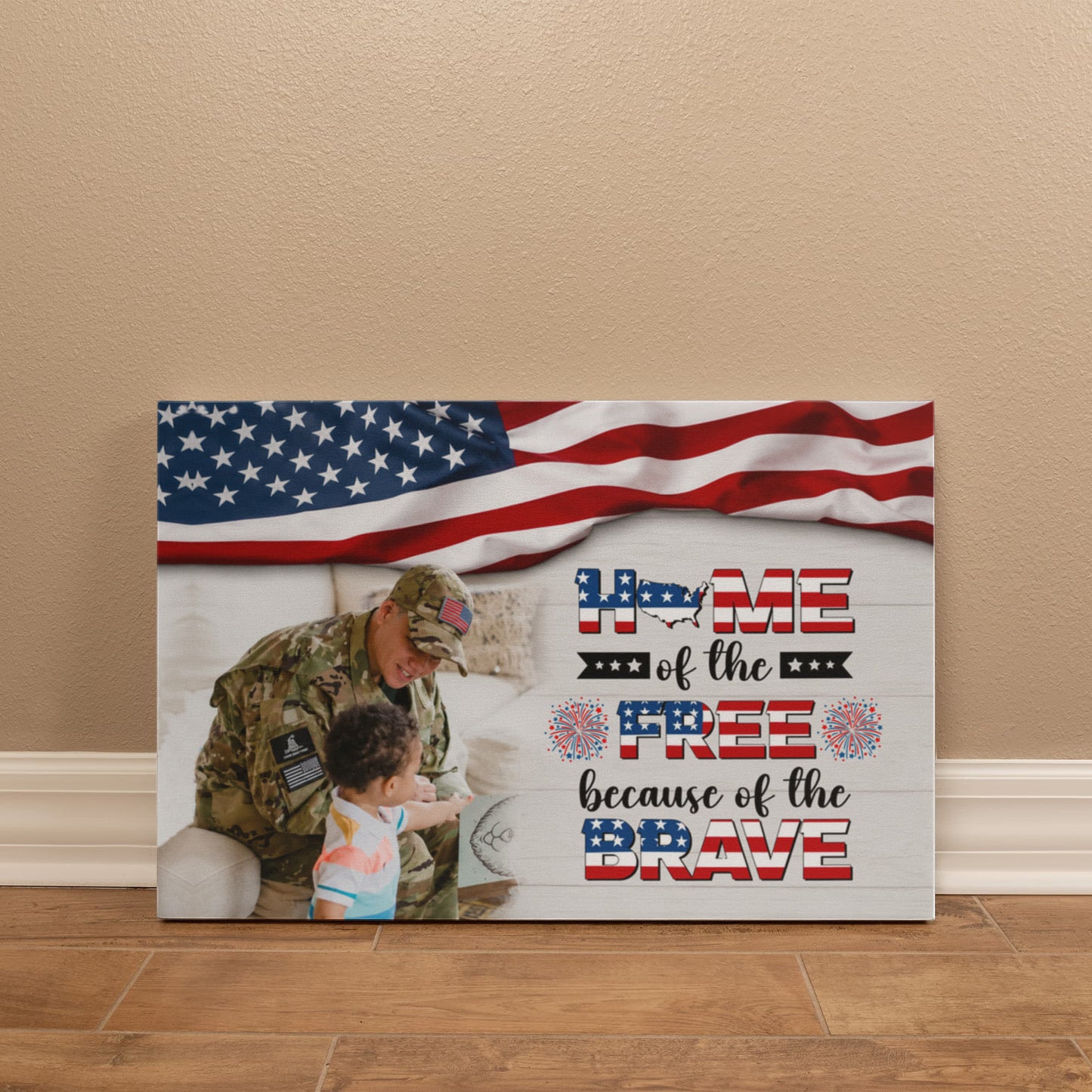 Personalized Patriotic Family Gallery Wrapped Canvas – Custom Home of the Brave Independence Day Wall Art
