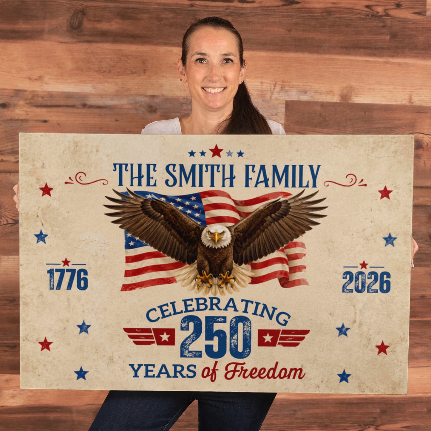 Personalized 250 Years of Freedom Gallery Wrapped Canvas – Custom Family Name Patriotic Eagle Wall Art