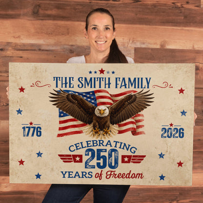 Personalized 250 Years of Freedom Gallery Wrapped Canvas – Custom Family Name Patriotic Eagle Wall Art