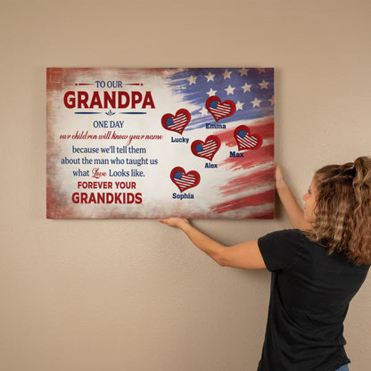 Personalized To Our Grandpa Canvas – Custom Grandkids Names Patriotic Family Wall Art