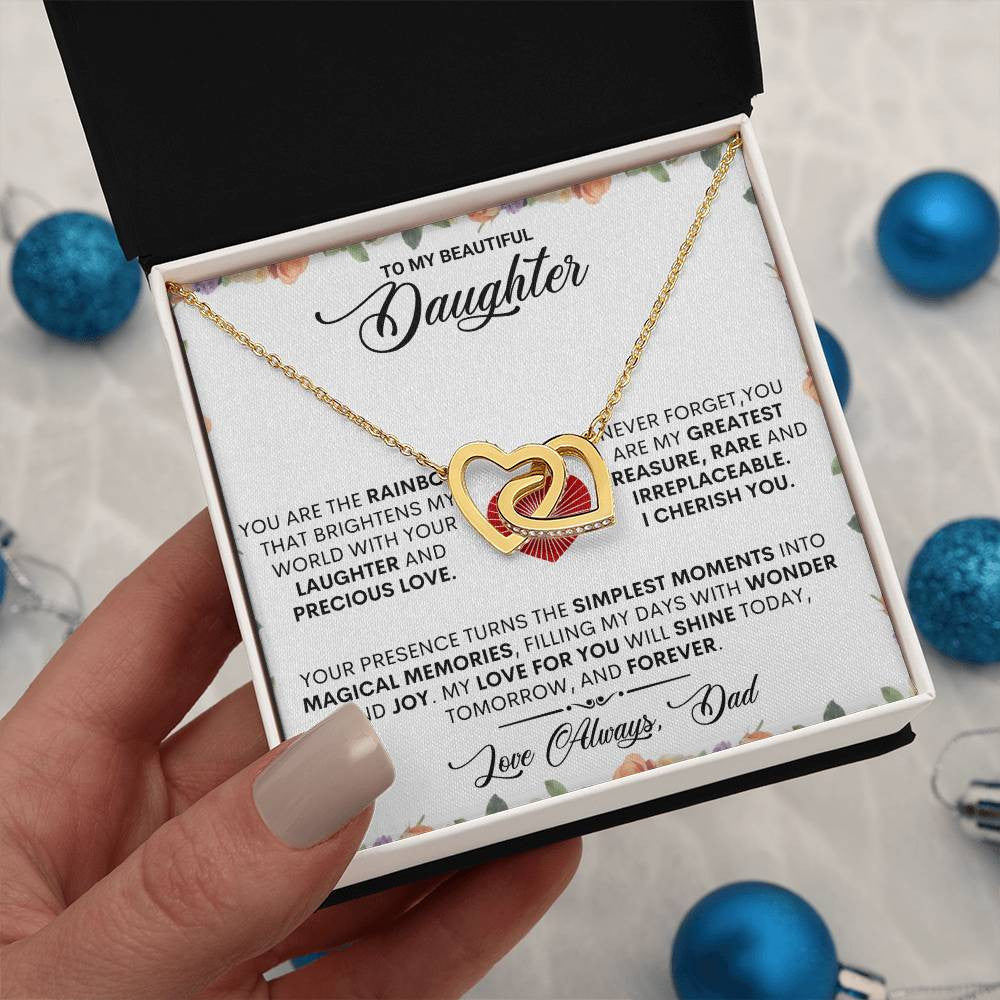 To My Beautiful Daughter Interlocking Hearts Necklace | Daughter Gift from Dad | Two-Tone Heart Pendant | Inspirational Jewelry Gift | Birthday & Christmas Gift for Daughter