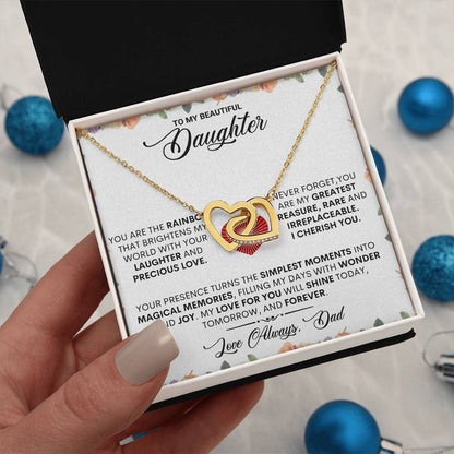 To My Beautiful Daughter Interlocking Hearts Necklace | Daughter Gift from Dad | Two-Tone Heart Pendant | Inspirational Jewelry Gift | Birthday & Christmas Gift for Daughter