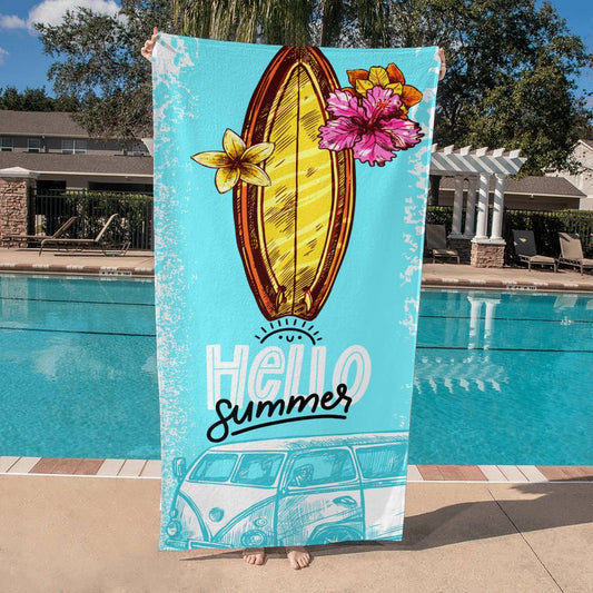 Beach Towel-Hello Summer WV Van and Surfboard - YERTIZZ.COM