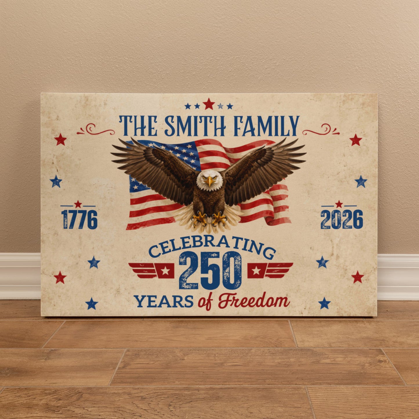 Personalized 250 Years of Freedom Gallery Wrapped Canvas – Custom Family Name Patriotic Eagle Wall Art