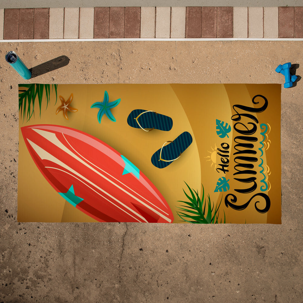 Beach Towel-Hello Summer With Surfboard and Sandals - YERTIZZ.COM