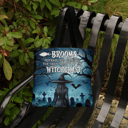 Brooms, Potions & Sarcasm: The Holy Trinity of My Witchcraft” Gothic Halloween Tote Bag !