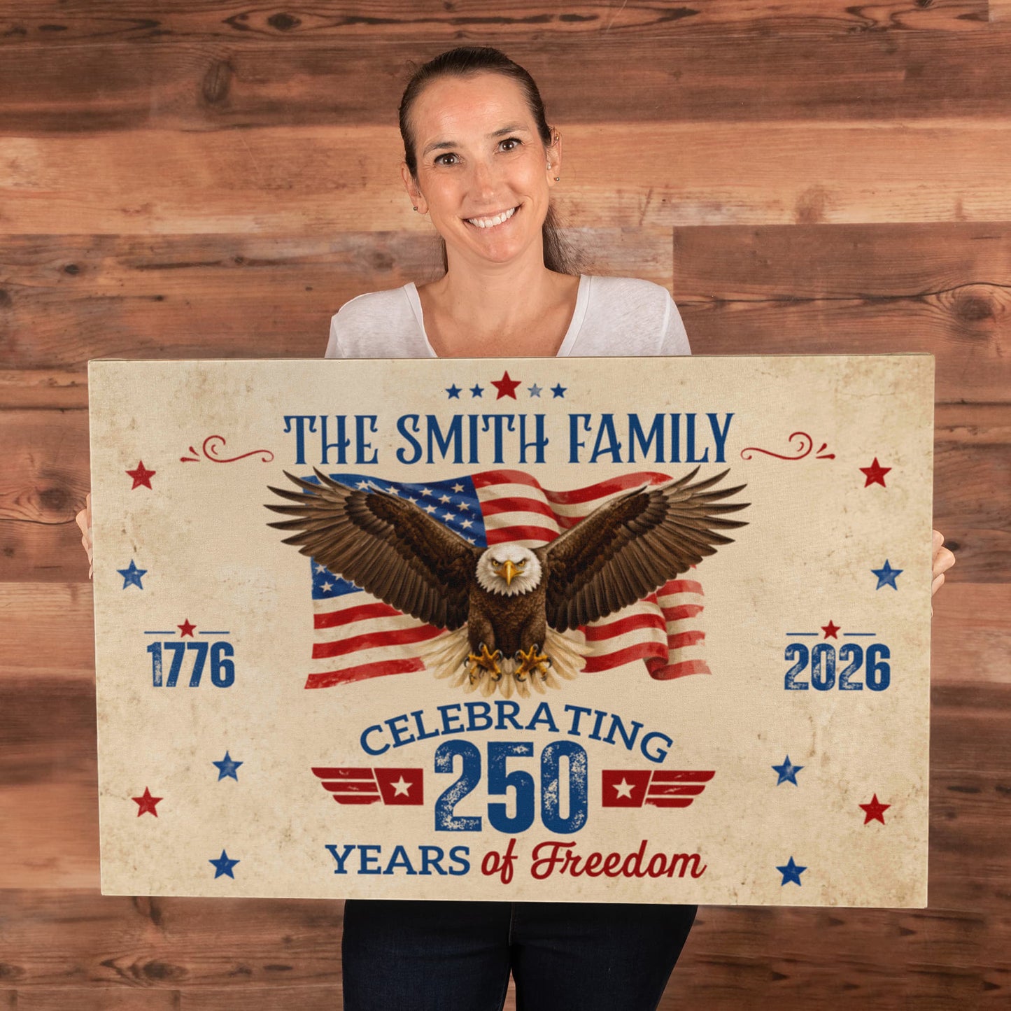 Personalized 250 Years of Freedom Gallery Wrapped Canvas – Custom Family Name Patriotic Eagle Wall Art
