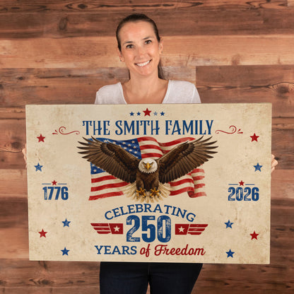 Personalized 250 Years of Freedom Gallery Wrapped Canvas – Custom Family Name Patriotic Eagle Wall Art