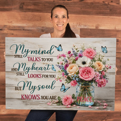My Mind Still Talks to You Canvas Wall Art – Sympathy Memorial Gift with Flowers and Butterfly