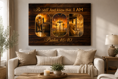 Be Still and Know That I Am God Canvas Wall Art – Psalm 46:10 Christian Lion Cross Decor