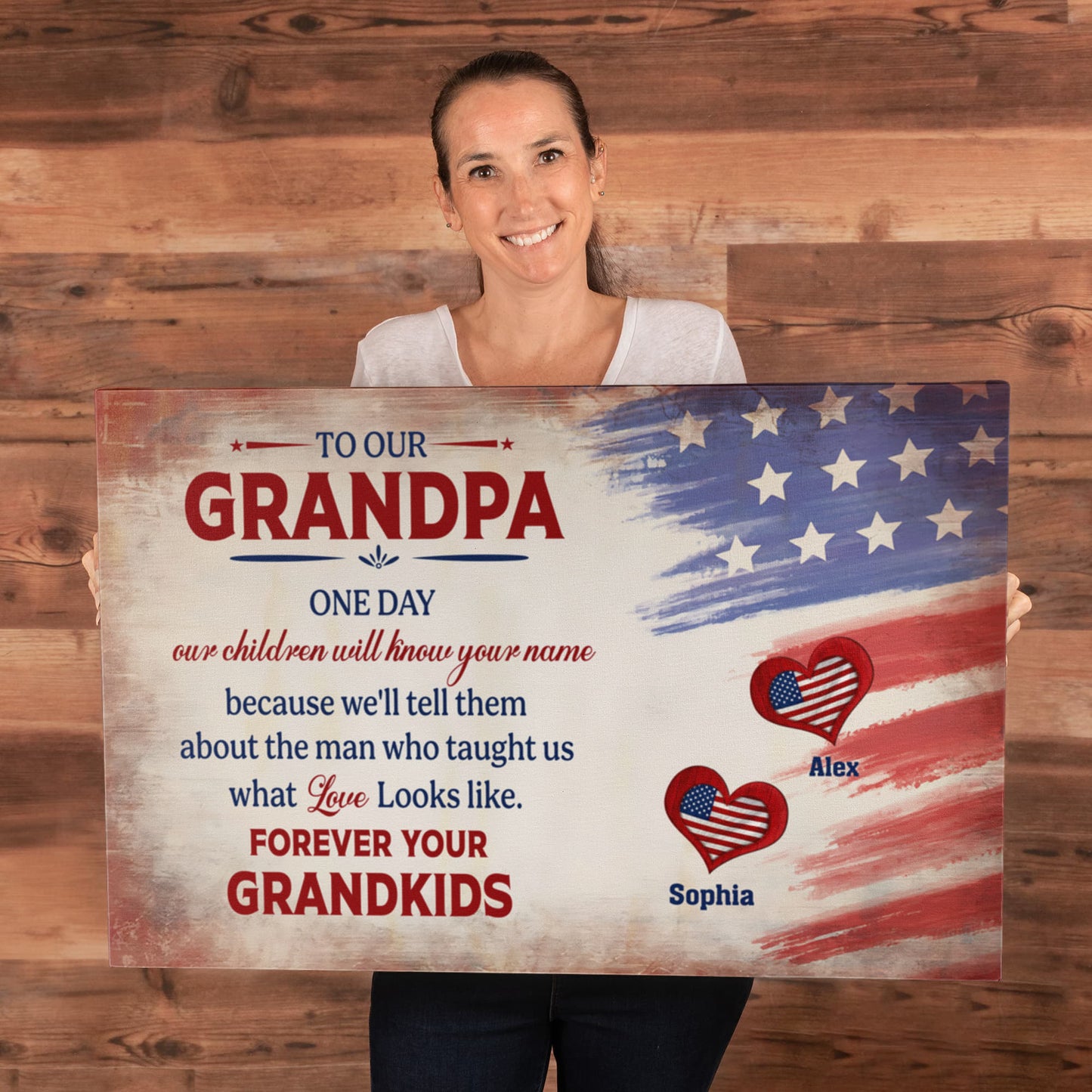 Personalized To Our Grandpa Canvas – Custom Grandkids Names Patriotic Family Wall Art