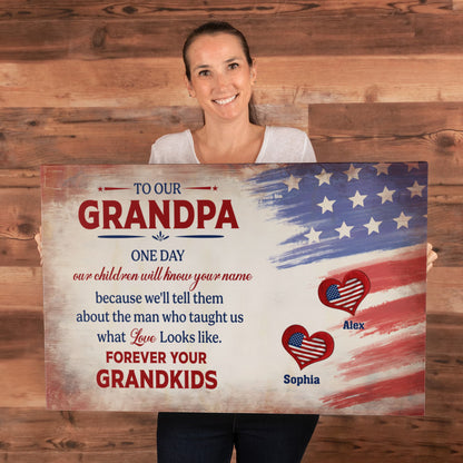 Personalized To Our Grandpa Canvas – Custom Grandkids Names Patriotic Family Wall Art