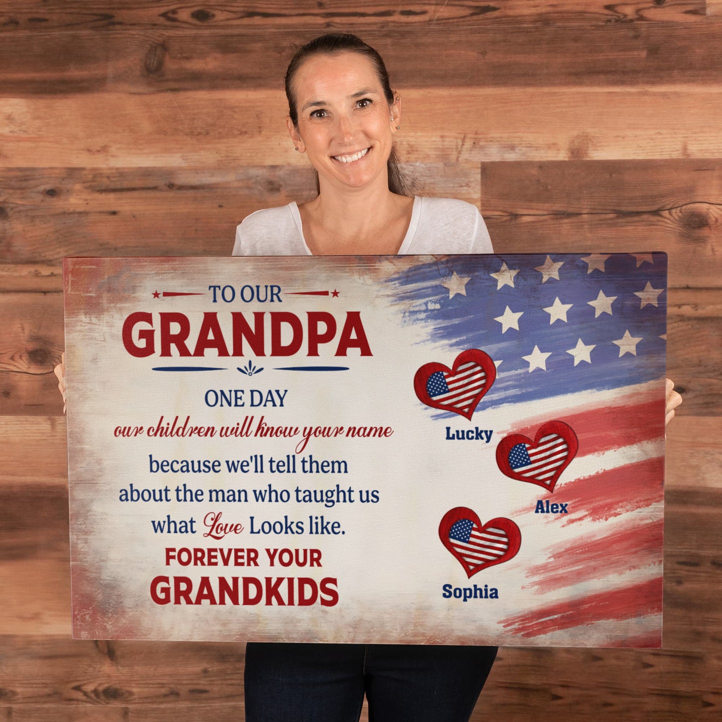 Personalized To Our Grandpa Canvas – Custom Grandkids Names Patriotic Family Wall Art