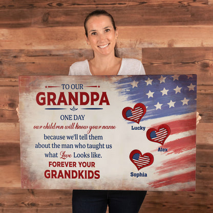 Personalized To Our Grandpa Canvas – Custom Grandkids Names Patriotic Family Wall Art