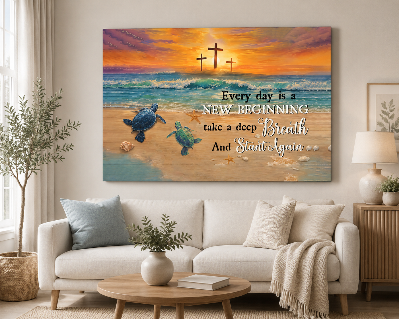 Every Day Is a New Beginning Christian Canvas Wall Art | Take a Deep Breath and Start Again | Beach Sunset Crosses Sea Turtle Coastal Decor