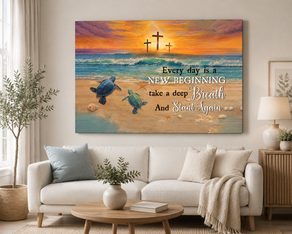 Every Day Is a New Beginning Christian Canvas Wall Art | Take a Deep Breath and Start Again | Beach Sunset Crosses Sea Turtle Coastal Decor