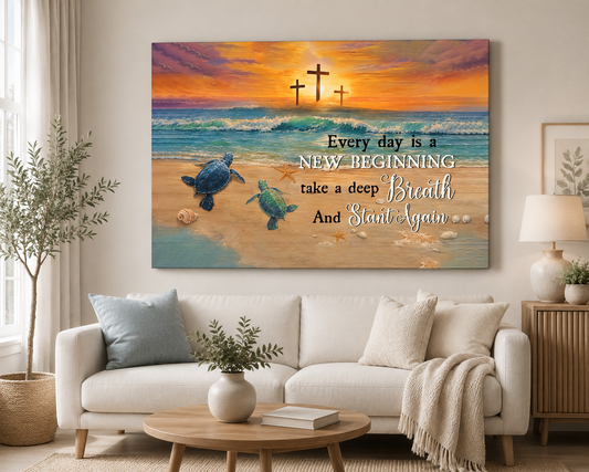 Every Day Is a New Beginning Christian Canvas Wall Art | Take a Deep Breath and Start Again | Beach Sunset Crosses Sea Turtle Coastal Decor