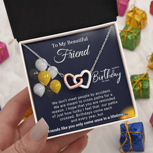 To My Beautiful Friend Interlocking Hearts Birthday Necklace (Yellow & White Gold Variants)