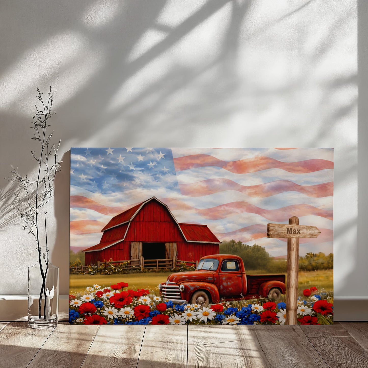 Personalized Patriotic Grandpa Canvas – Custom Grandkids Names Farmhouse American Flag Wall Art