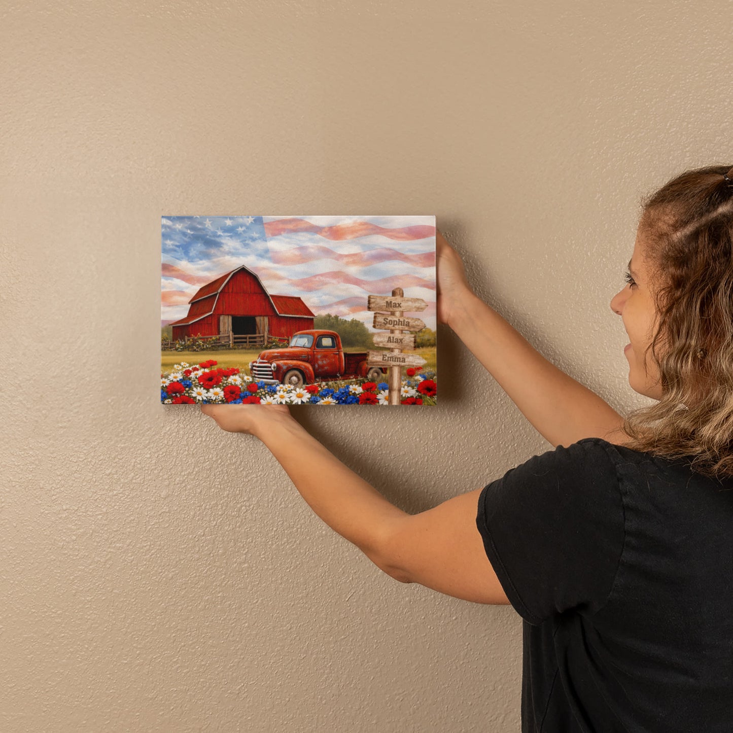 Personalized Patriotic Grandpa Canvas – Custom Grandkids Names Farmhouse American Flag Wall Art
