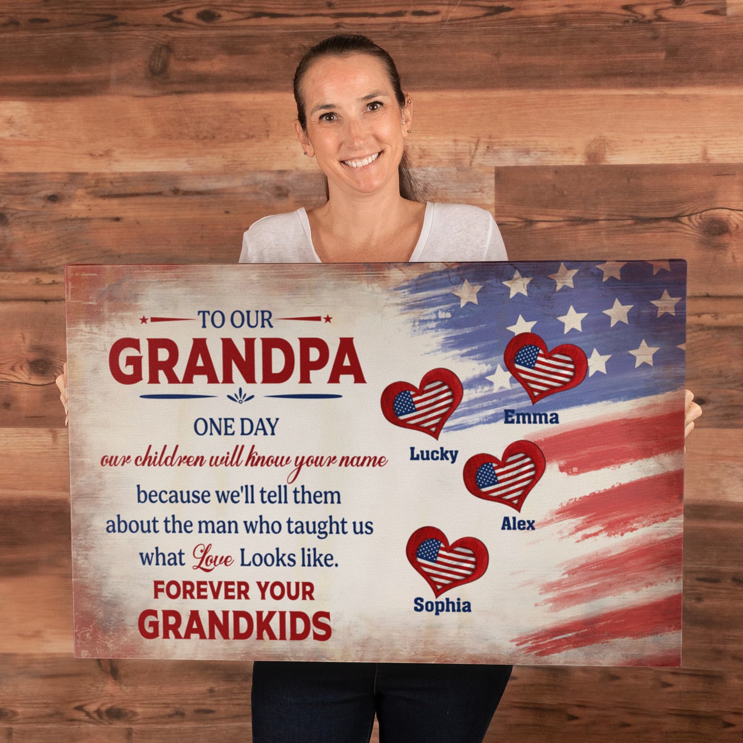 Personalized To Our Grandpa Canvas – Custom Grandkids Names Patriotic Family Wall Art
