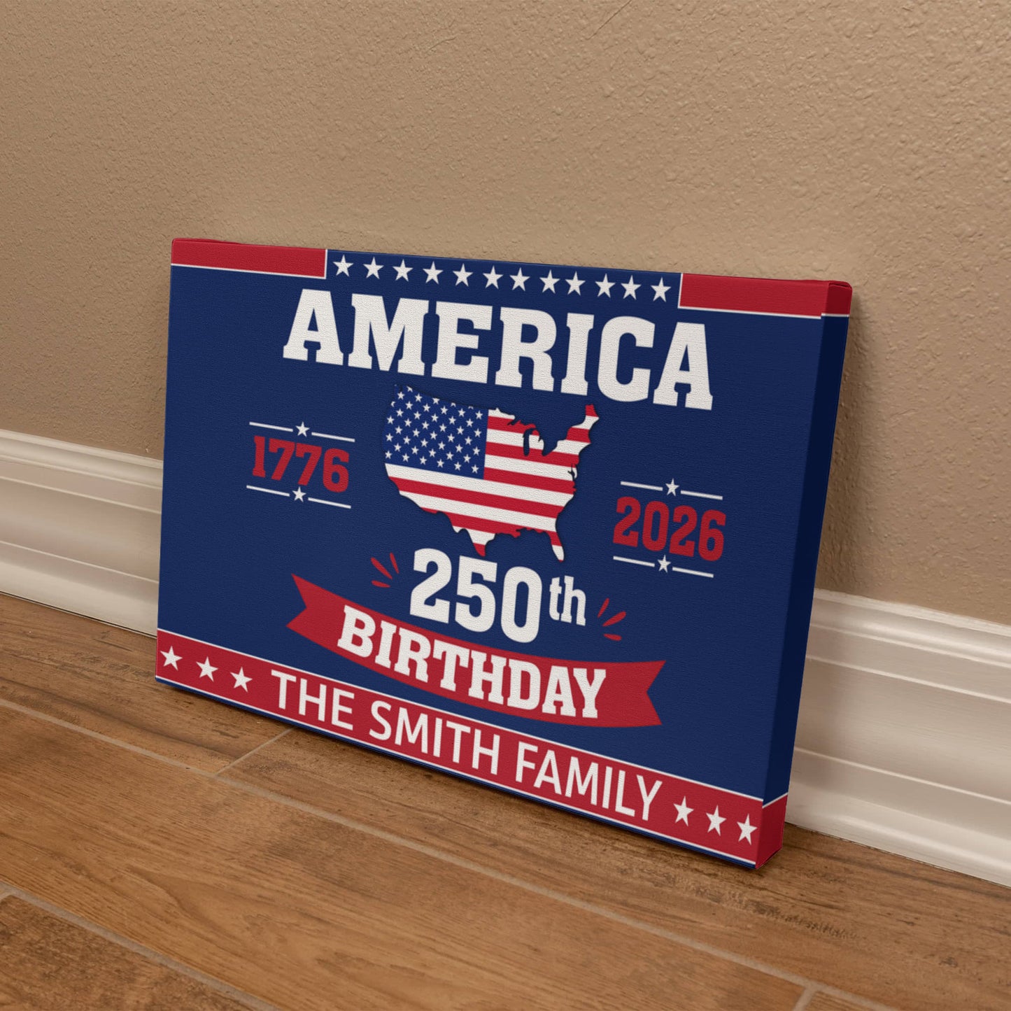 Personalized America 250th Birthday Gallery Wrapped Canvas – Custom Family Name Patriotic Wall Art