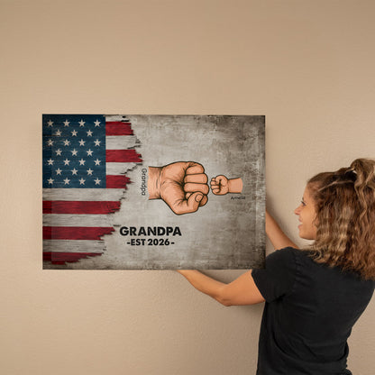 Personalized Grandpa Fist Bump Canvas – Custom Grandkids Names Patriotic Family Wall Art for Grandpa